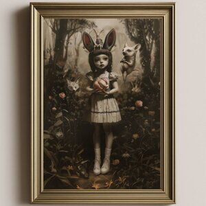 8.5x11 Dark Art, Portrait of Bunny-Eared Girl with Weird Forest Creatures